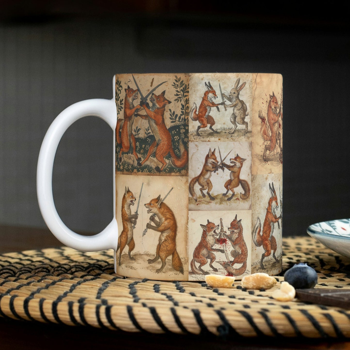 Anthropomorphic foxes and rabbits in sword fights adorn this 11 oz mug with a vintage, parchment-themed design.
