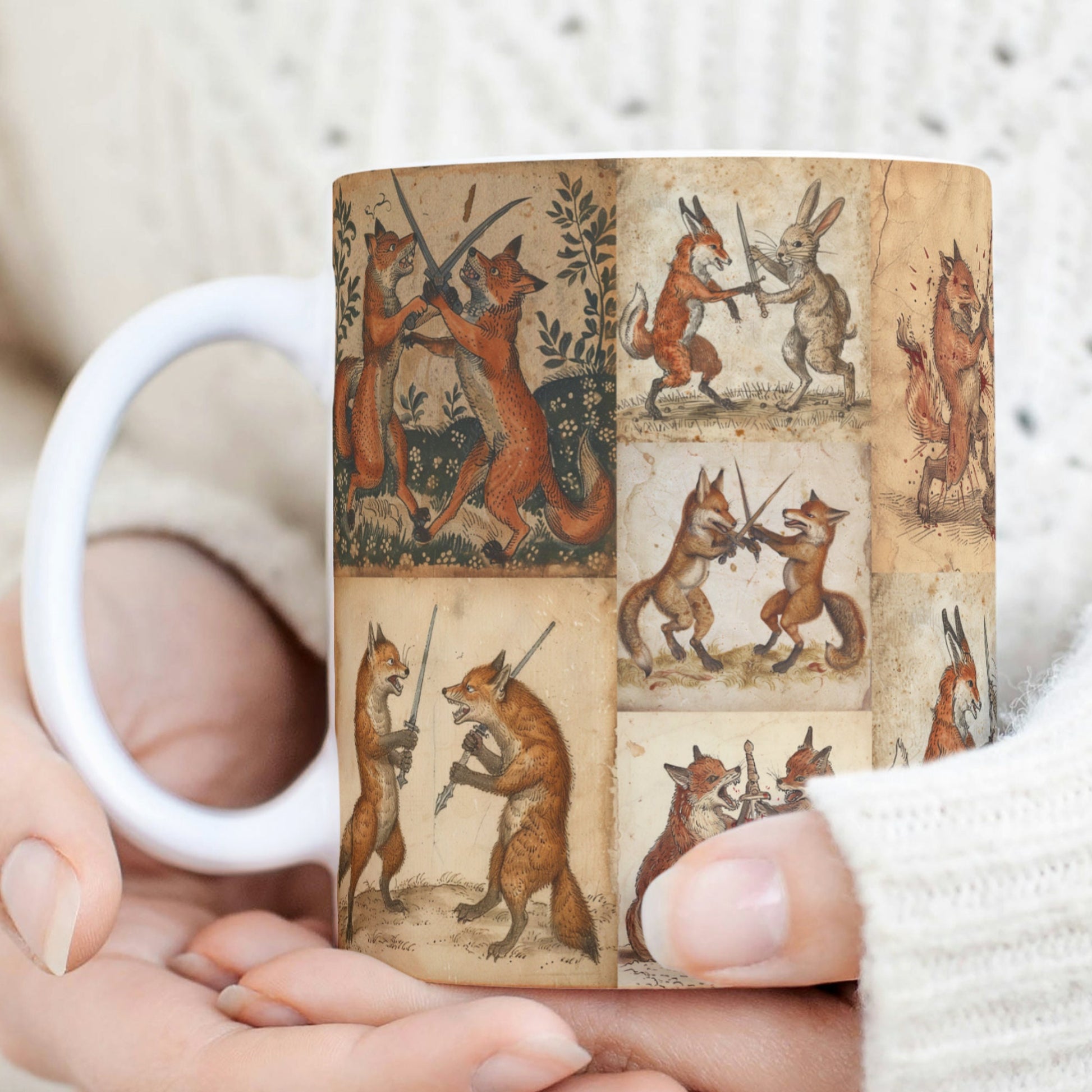 foxes and rabbits, vintage illustration mug, historical design, whimsical drinkware