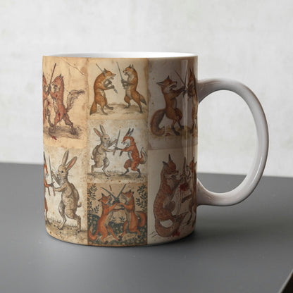 Unique 11 oz mug with foxes and rabbits battling in medieval-style art, perfect for fantasy lovers.