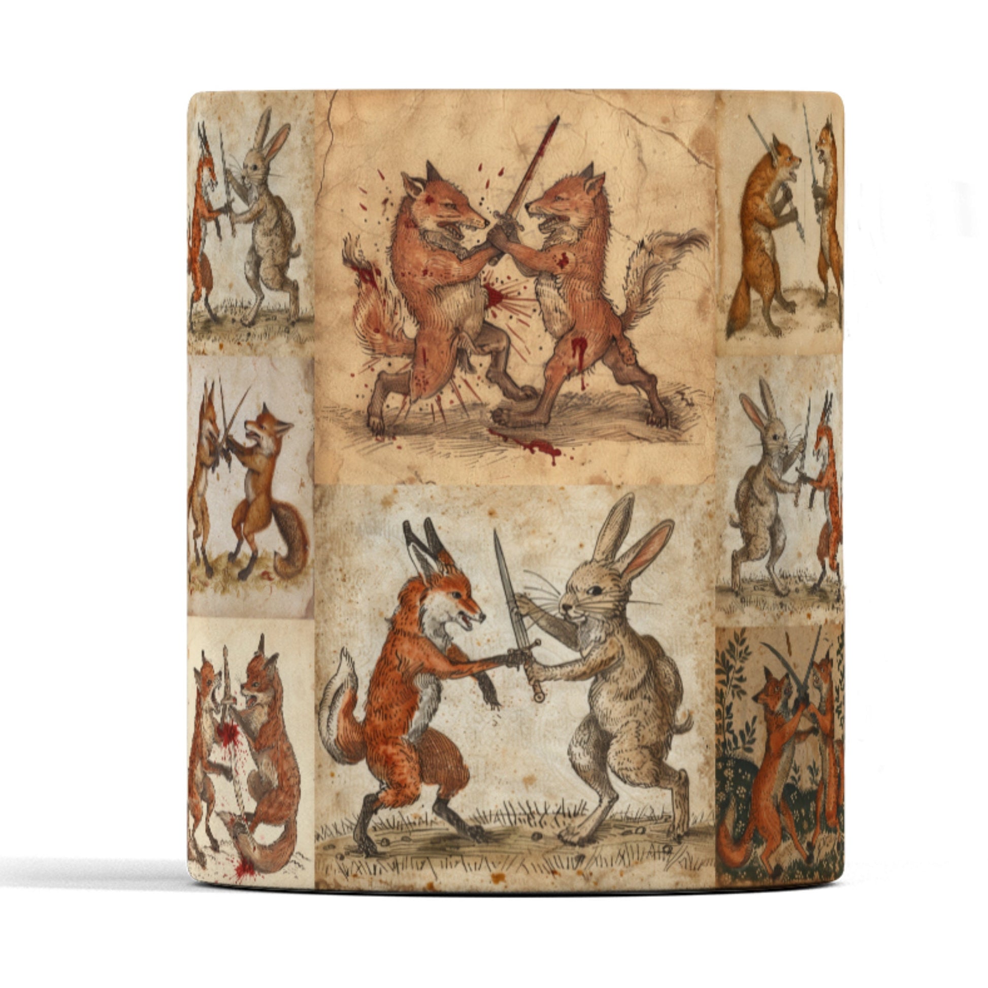 Rustic mug featuring vintage illustrations of foxes and rabbits engaged in dramatic sword duels
