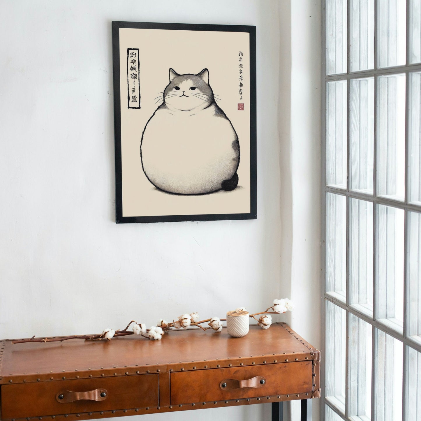 Japanese Cat Art Print: Matsumoto Hoji Style, Wabi Sabi Decor