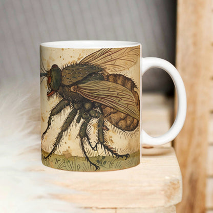 This unique medieval marginalia mug features a knight battling a giant fly, inspired by illuminated manuscript art. Perfect for dark academia enthusiasts and witchy gift seekers, this mug blends historical illustration with a whimsical fantasy design