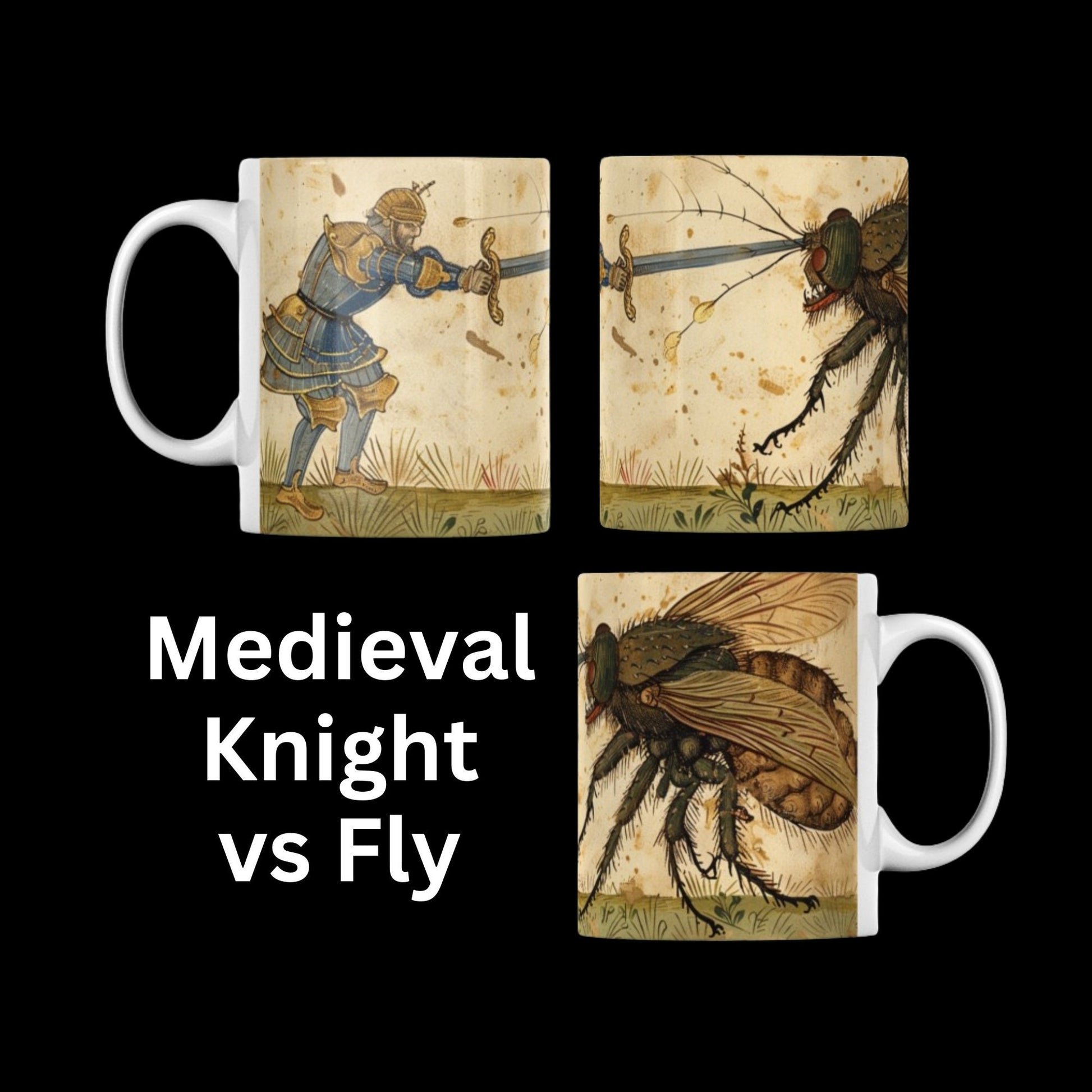 A medieval marginalia mug showing a knight in combat with a giant fly, inspired by illuminated manuscripts. This unique dark academia piece makes a perfect witchy gift, blending historical art with a whimsical fantasy design.