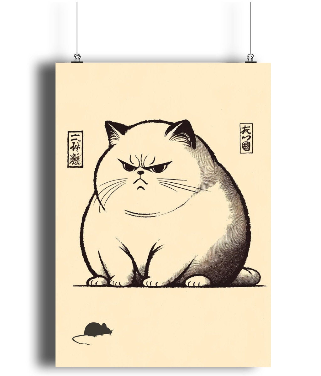 Unimpressed cat print shown in a bedroom setting with neutral bedding and minimalist décor.