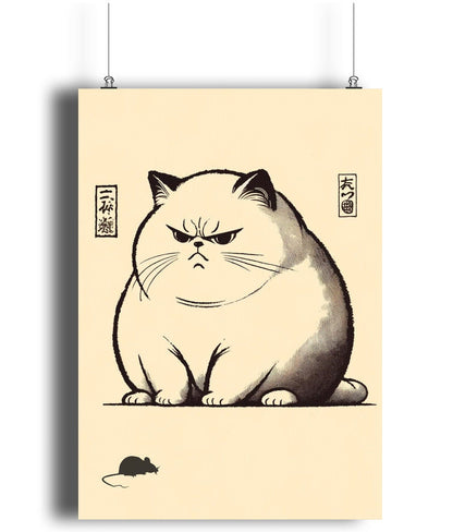 Unimpressed cat print shown in a bedroom setting with neutral bedding and minimalist décor.