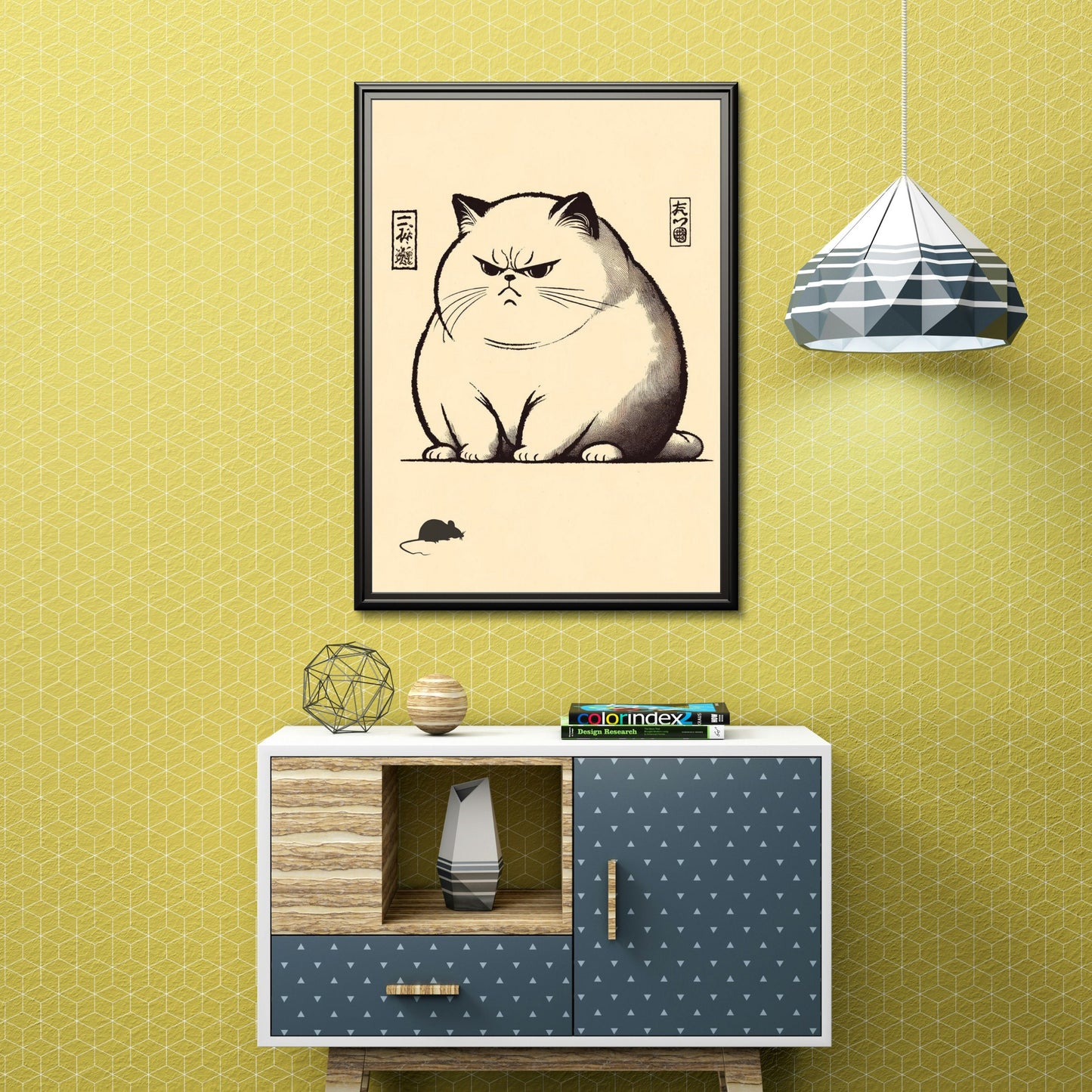 Matsumoto Hoji style pen and ink, art print of fat cat watching a mouse.