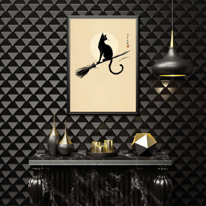 Black Cat on Broomstick Art Print: Japanese Zen Witch Decor