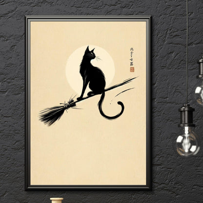 Black Cat on Broomstick Art Print: Japanese Zen Witch Decor