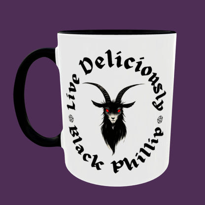 witchcraft mug for Wiccan or pagan. two tone mug, the Devil as a black goat. Devil worship theme mug
