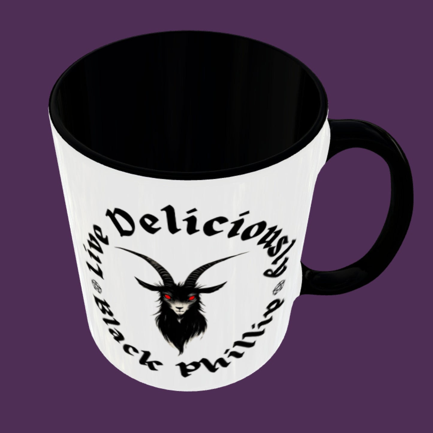 Gothic-inspired mug with Black Phillip. Perfect Halloween decor, evil spirit mug. Seance idea.