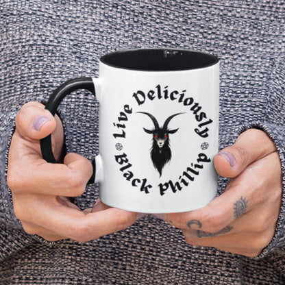 Horror-themed mug with the evil goat Black Phillip. Witchy gifts idea. Puritan folk horror theme