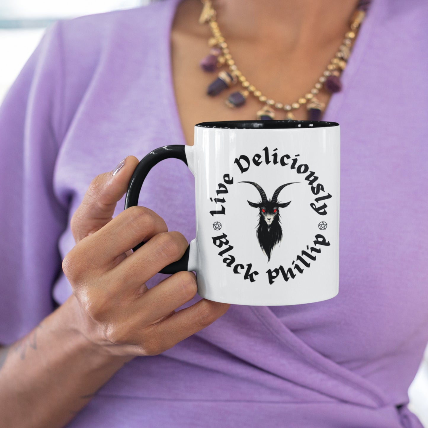 Black Phillip mug with &#39;Live Deliciously&#39; text and a goat design from the movie The Witch
