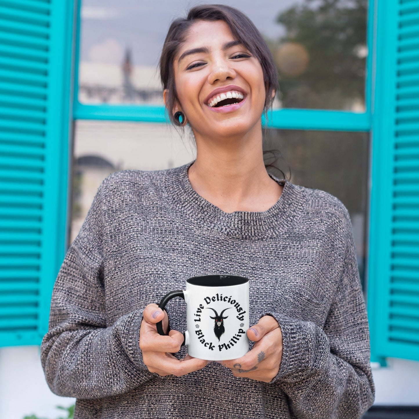 Mug with eerie goat design. Pagan gifts, the old gods. The witch, a new England folk tale mug