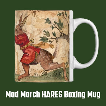 A beautifully crafted mug with a C9th manuscript-inspired design of mad March hares in a lively boxing match. The primitive art style and illuminated manuscript details make this an eye-catching piece for fantasy and art lovers alike.
