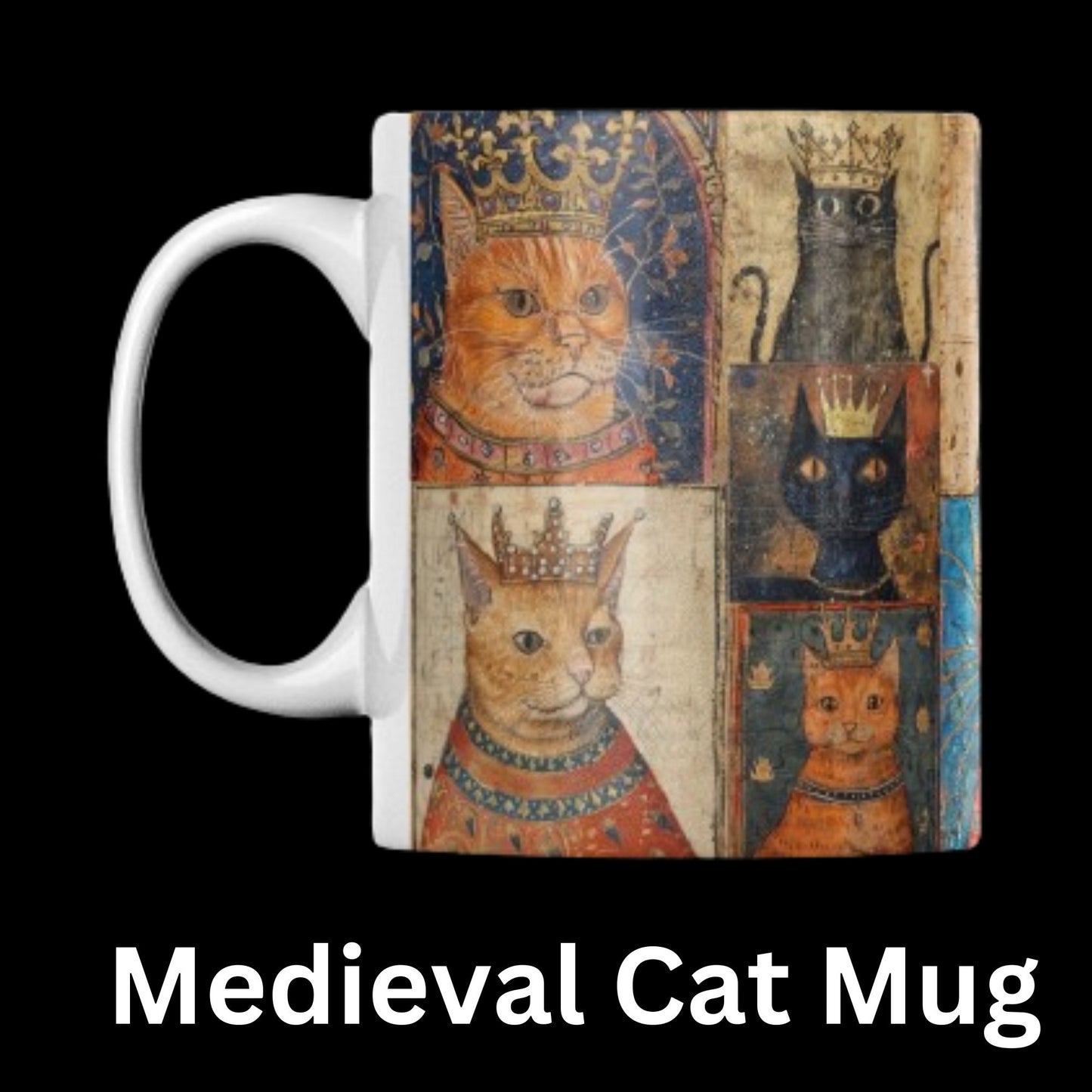 Close-up of a ceramic mug featuring detailed artwork of cats in medieval crowns, inspired by ancient manuscripts
