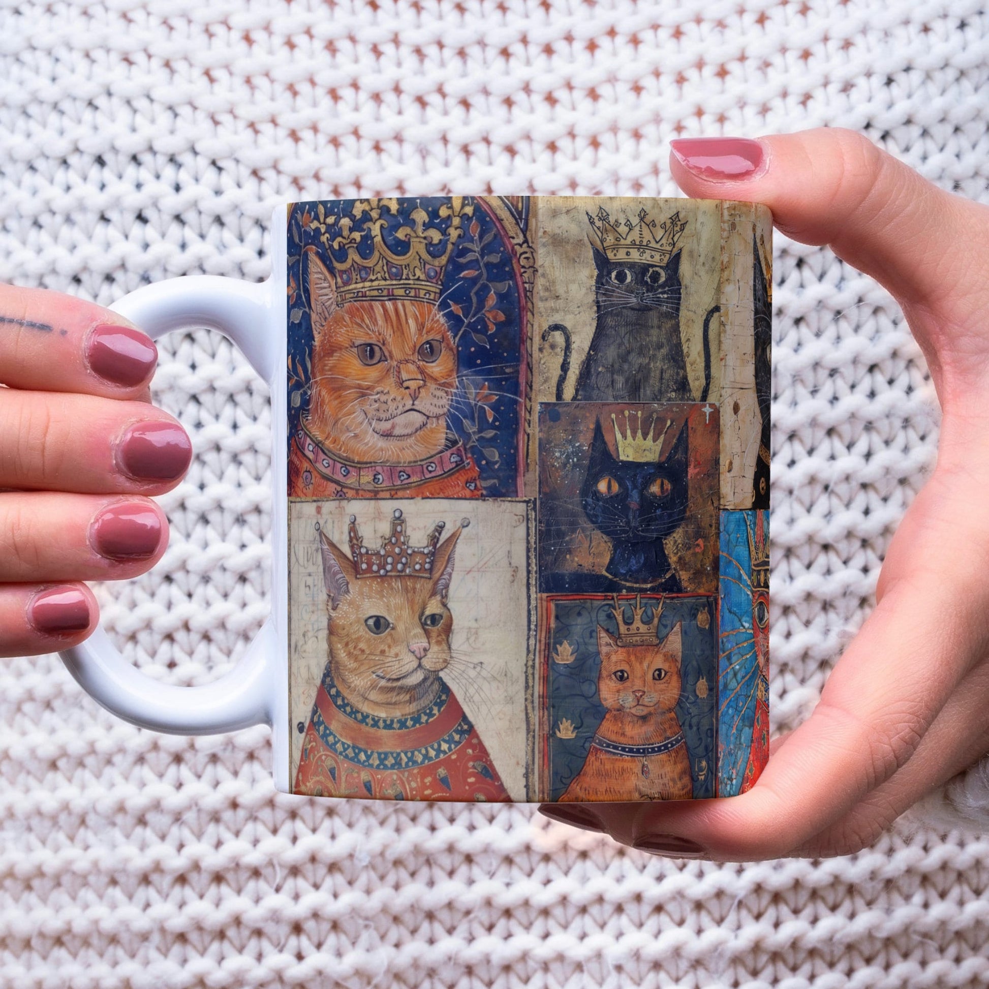 A ceramic mug featuring a wrap-around design of cats depicted as medieval royalty, complete with crowns. Blep cats from marginalia