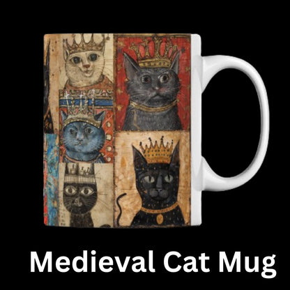 marginalia design cat mug. Cat Christmas gift. Cat Secret Santa gift. Cat birthday gift. medieval cats