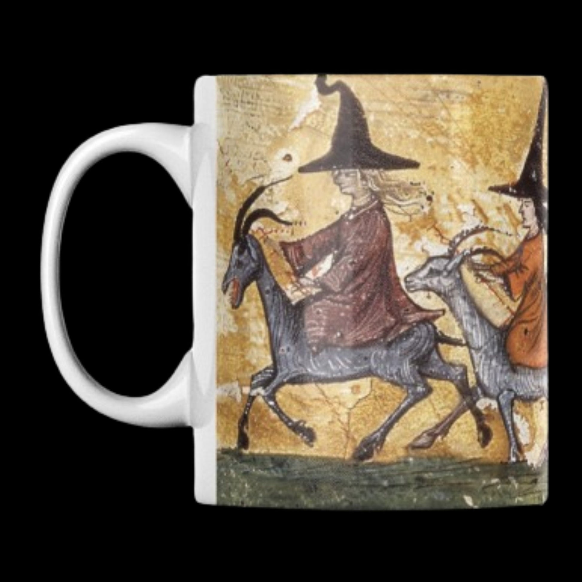 11 oz ceramic mug with a borderless wraparound design featuring a medieval manuscript-style image of witches riding goats. The vintage, mystical artwork is perfect for lovers of witchcraft, folklore, and gothic aesthetics.