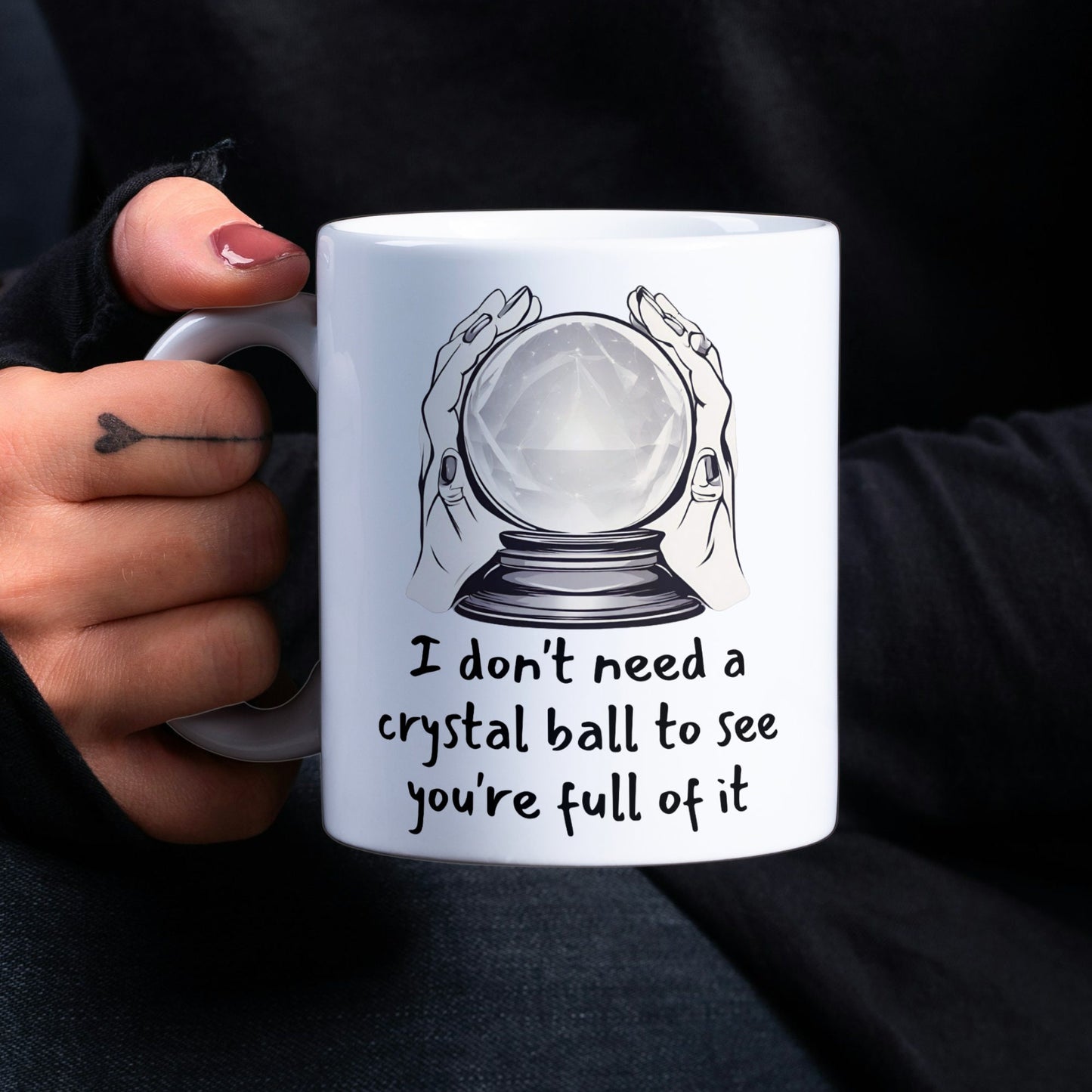Mystical-themed office mug with a humorous, rude phrase, perfect for daily coffee breaks.
