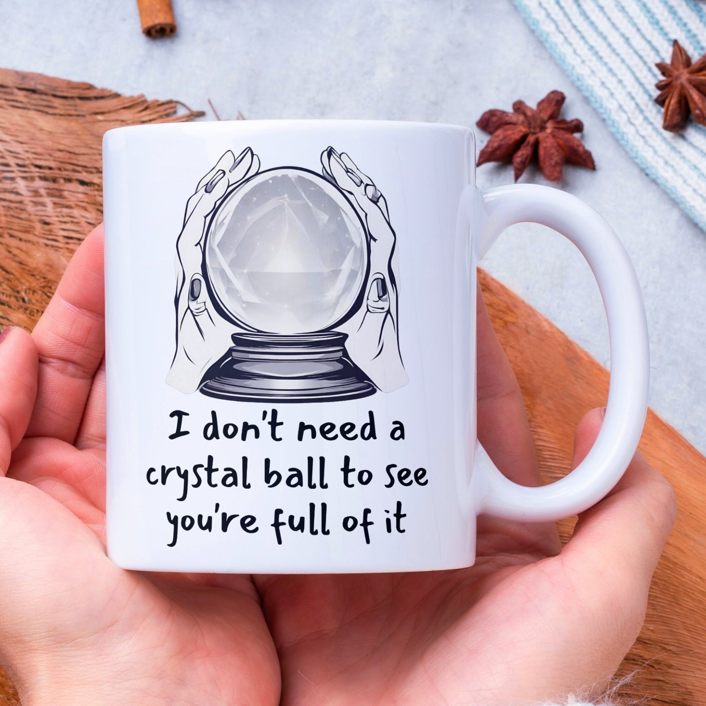 Fortune teller-themed swear mug with a polite twist, great for office humour and sarcasm.