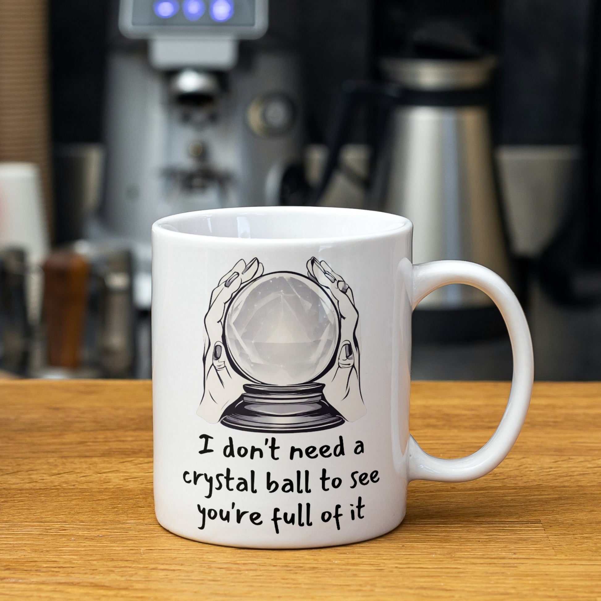 Funny office mug with a fortune teller theme and a humorous take on being full of it
