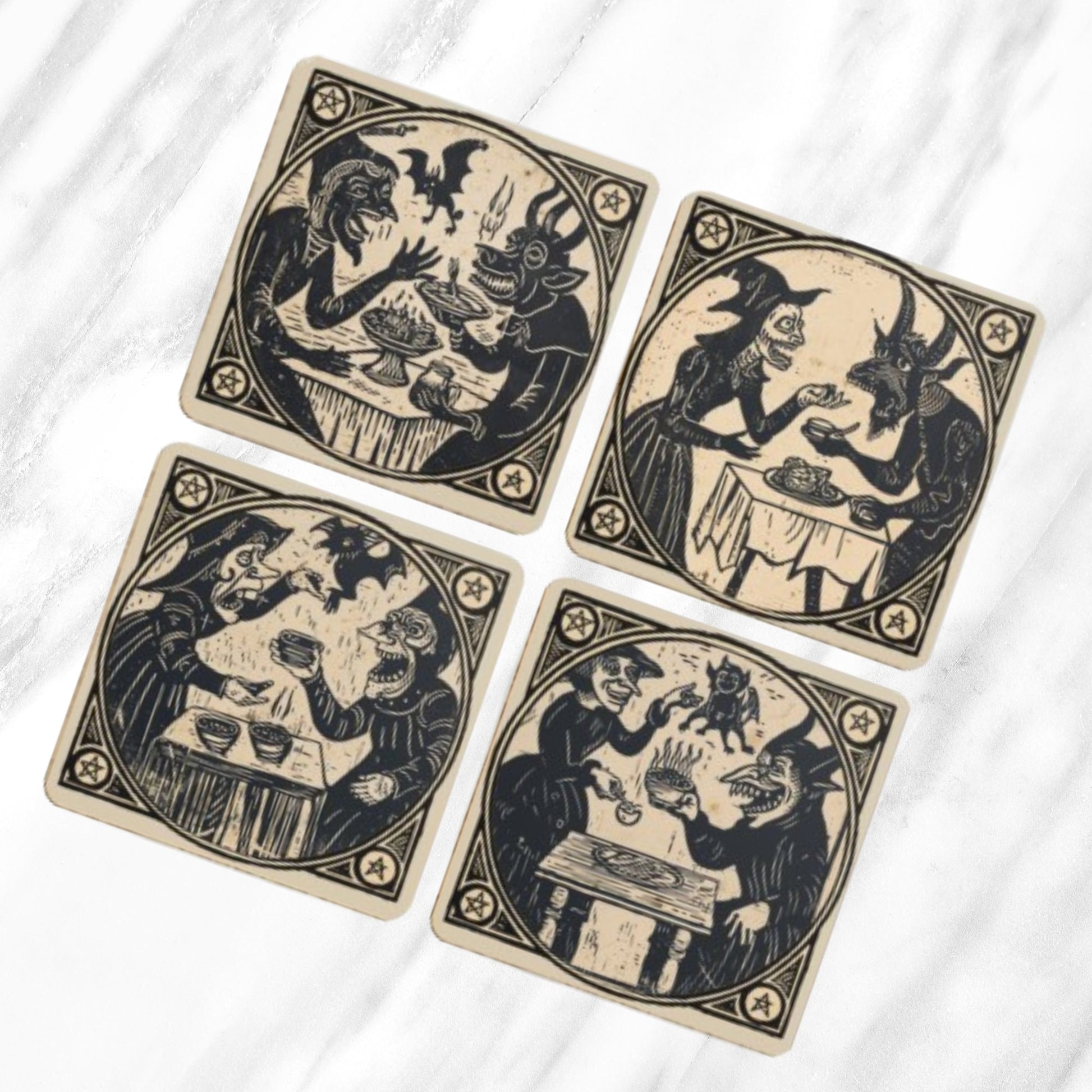 Woodcut Witch Coasters: Occult Pagan Drink Mats (Pack of 4)