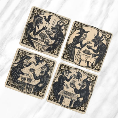 Woodcut Witch Coasters: Occult Pagan Drink Mats (Pack of 4)