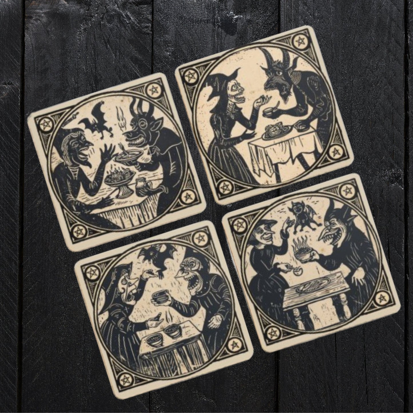 Woodcut Witch Coasters: Occult Pagan Drink Mats (Pack of 4)