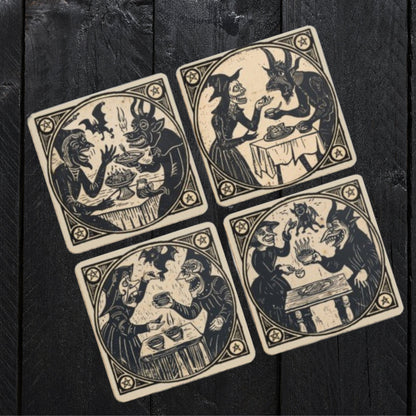 Woodcut Witch Coasters: Occult Pagan Drink Mats (Pack of 4)