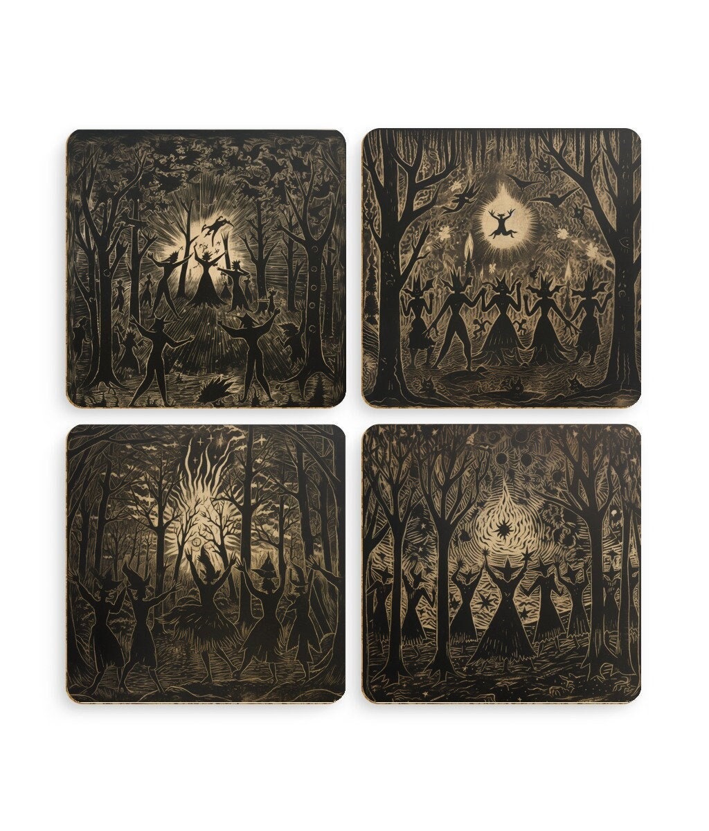 woodcut witches on coasters, drinks mats.