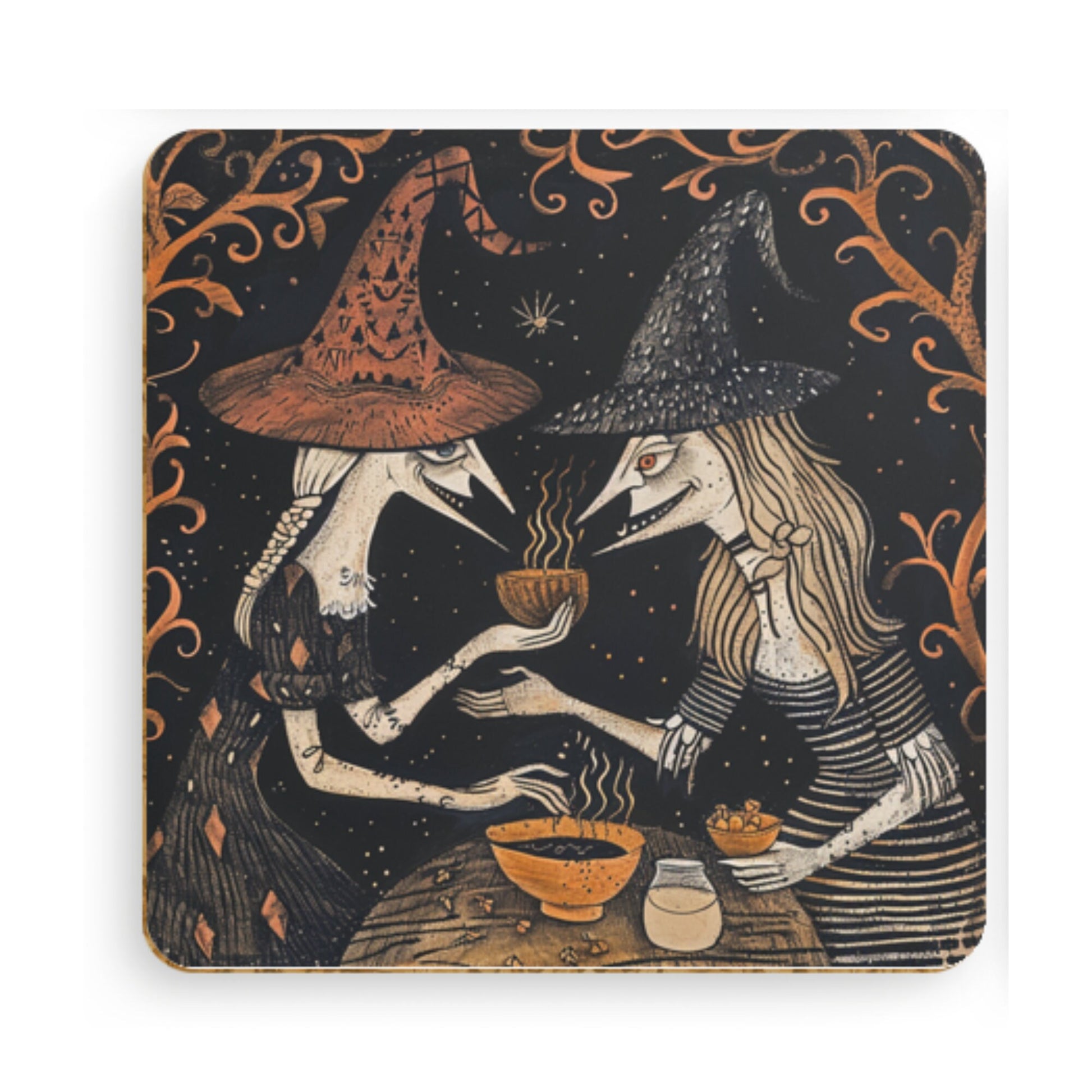 Witch Art Coasters: Folk Horror Pagan Decor, Set of 4