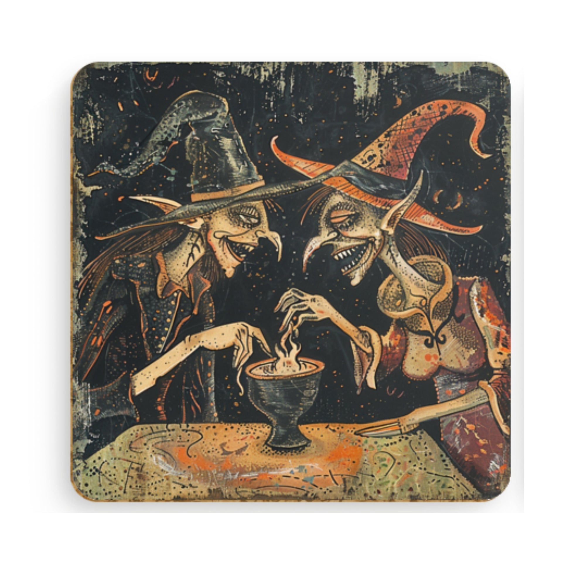 Witch Art Coasters: Folk Horror Pagan Decor, Set of 4