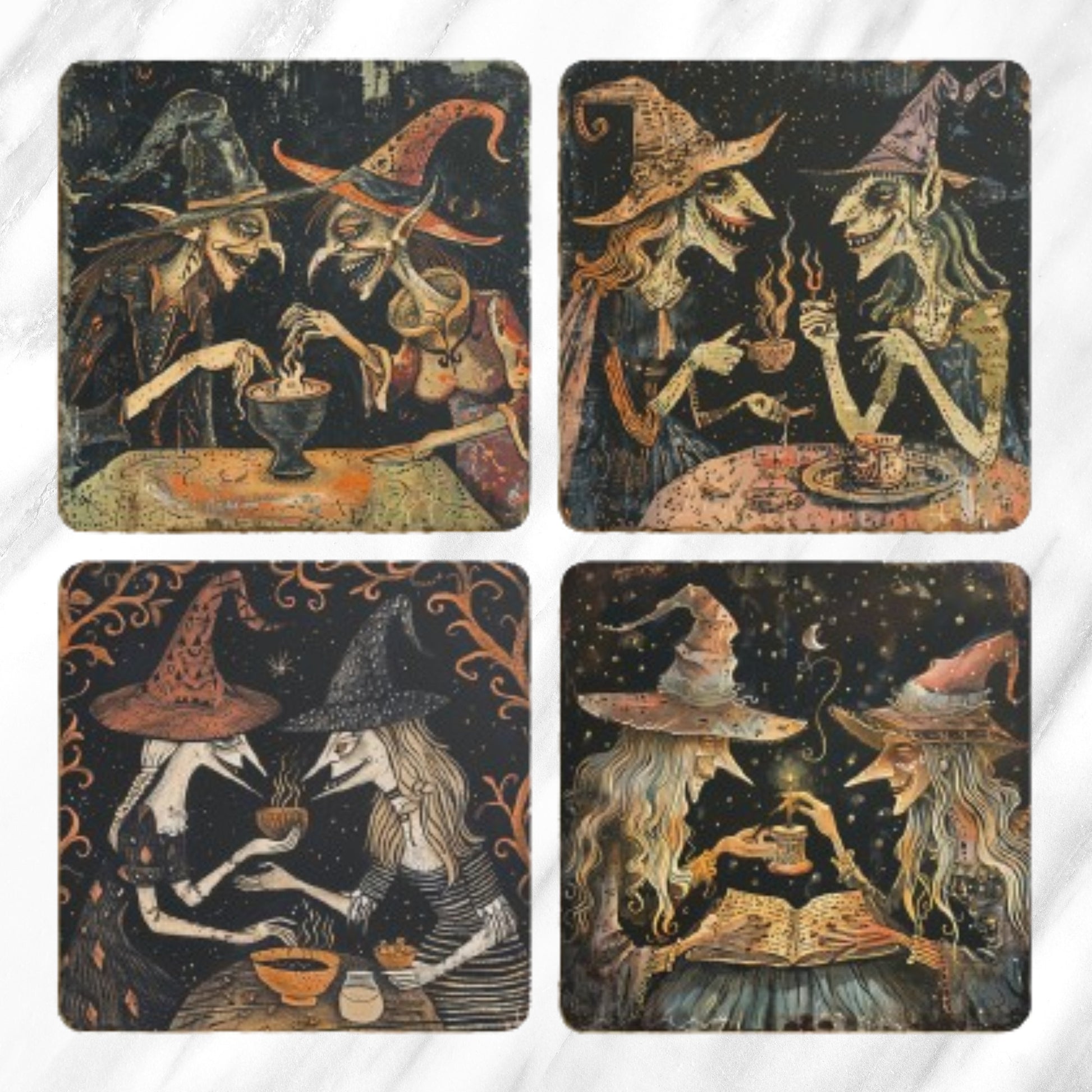 Witch Art Coasters: Folk Horror Pagan Decor, Set of 4