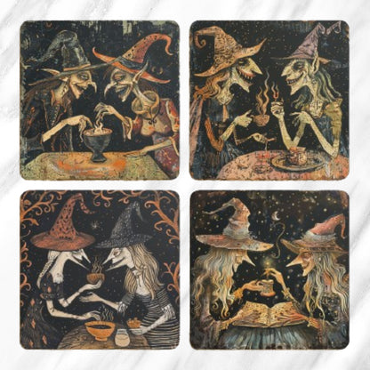 Witch Art Coasters: Folk Horror Pagan Decor, Set of 4
