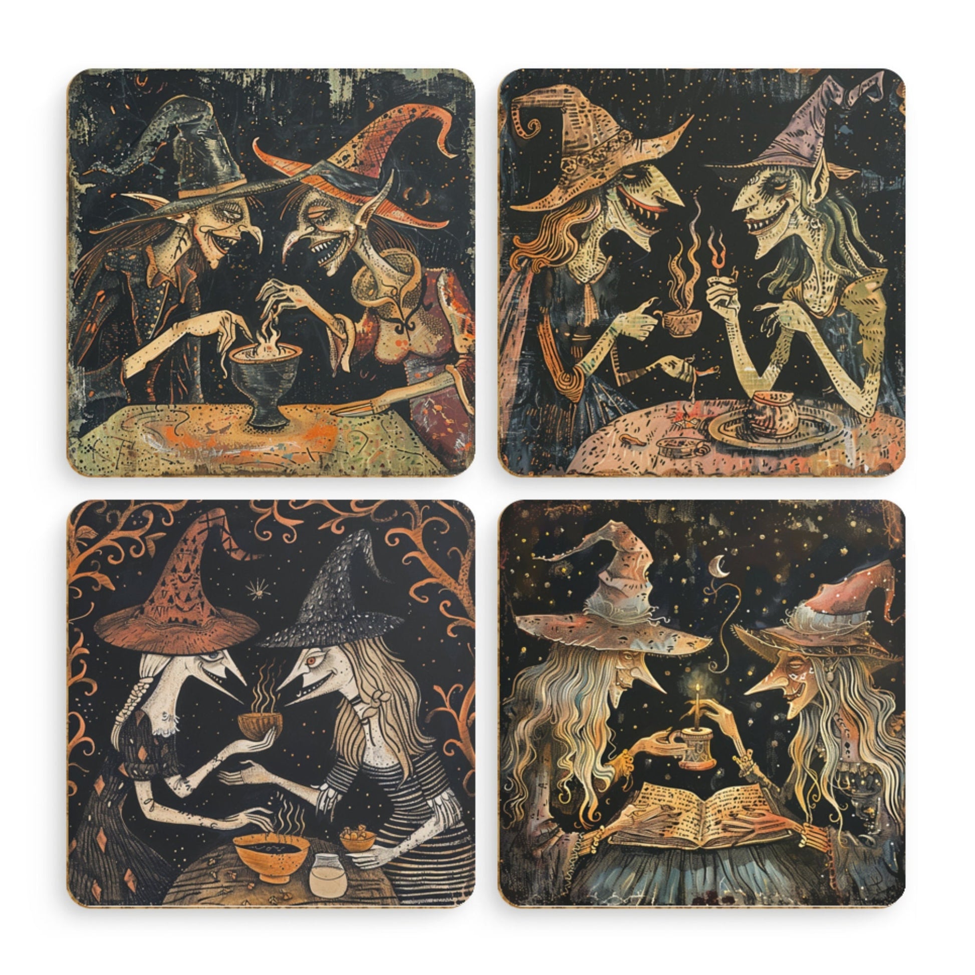 unique, funny painting of witches wearing witches hats reproduced on four different coasters.