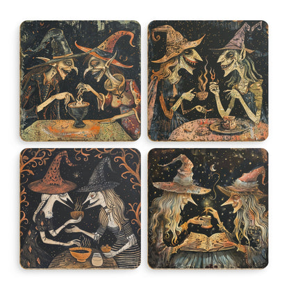 unique, funny painting of witches wearing witches hats reproduced on four different coasters.