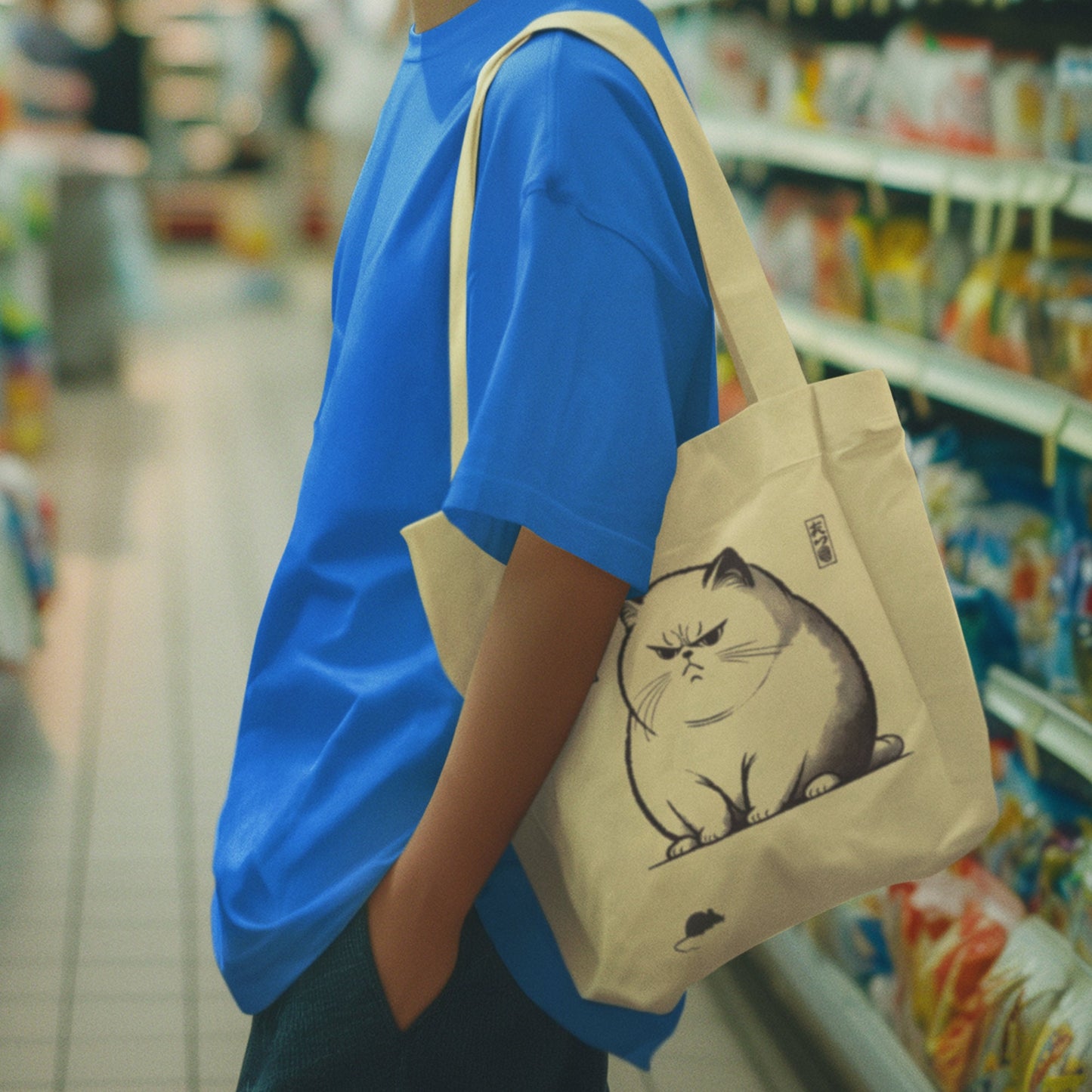 Japanese Cat Tote Bag: Unimpressed Cat & Mouse Design