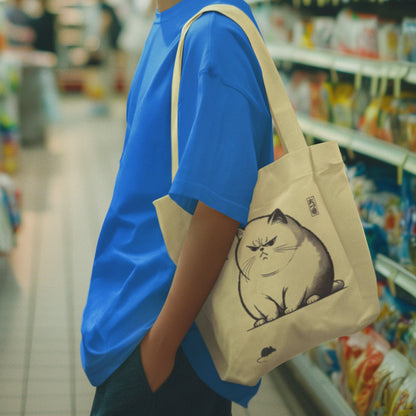 Japanese Cat Tote Bag: Unimpressed Cat & Mouse Design