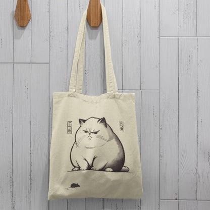 Japanese Cat Tote Bag: Unimpressed Cat & Mouse Design