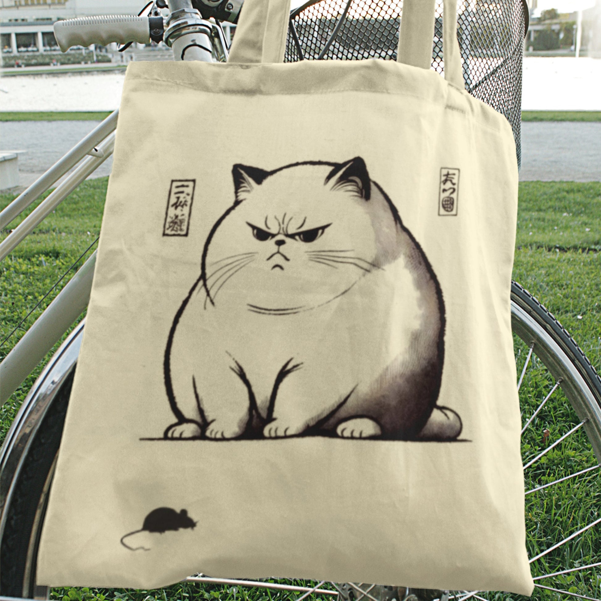 Japanese Cat Tote Bag: Unimpressed Cat & Mouse Design