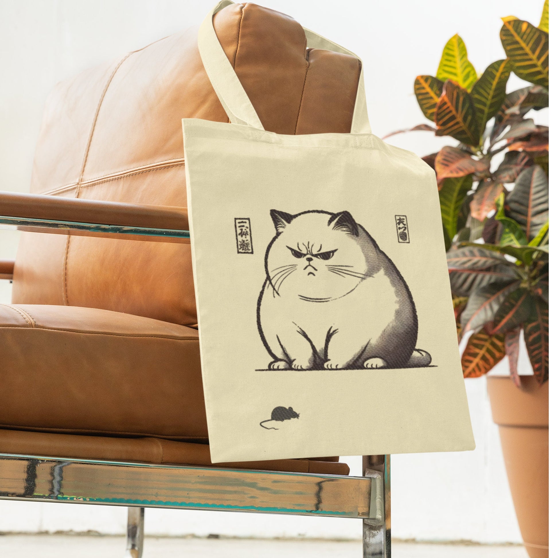Japanese Cat Tote Bag: Unimpressed Cat & Mouse Design