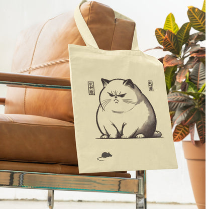 Japanese Cat Tote Bag: Unimpressed Cat & Mouse Design