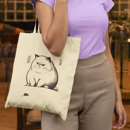 Cat tote bag, Japanese inspired. Cat and mouse. Unimpressed cat tote bag, shopping bag