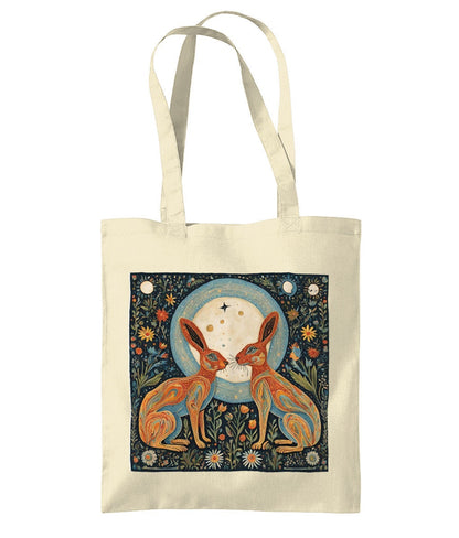 Moongazing Hares Cotton Tote Bag: Spiritual Folk Art