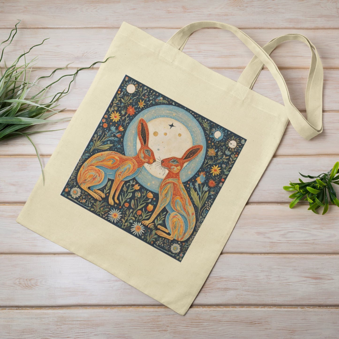Moongazing Hares Cotton Tote Bag: Spiritual Folk Art