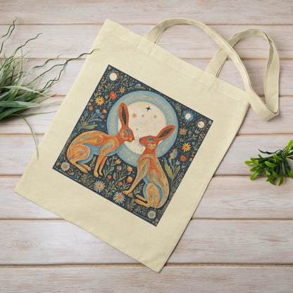 Moongazing Hares Cotton Tote Bag: Spiritual Folk Art