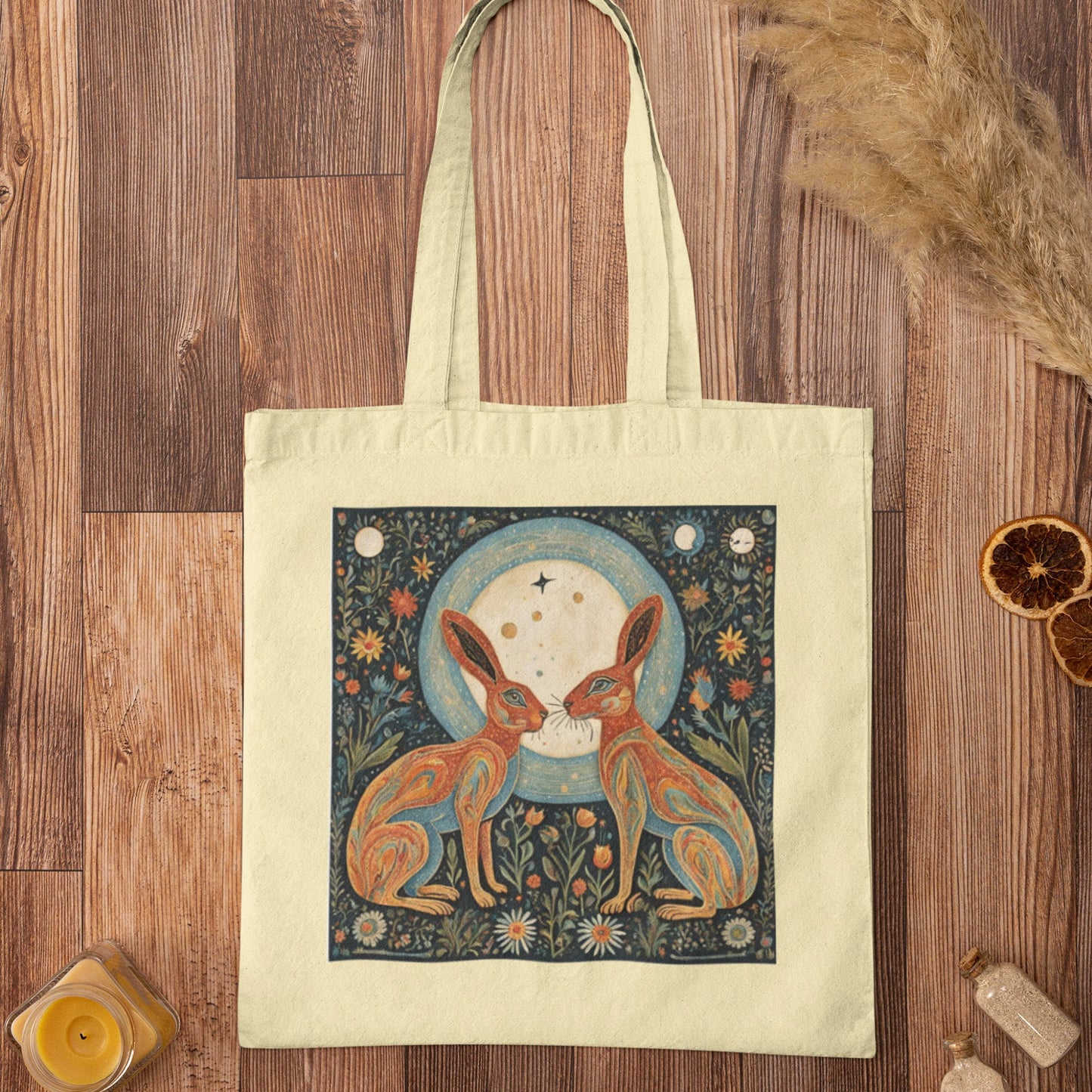 Moongazing Hares Cotton Tote Bag: Spiritual Folk Art