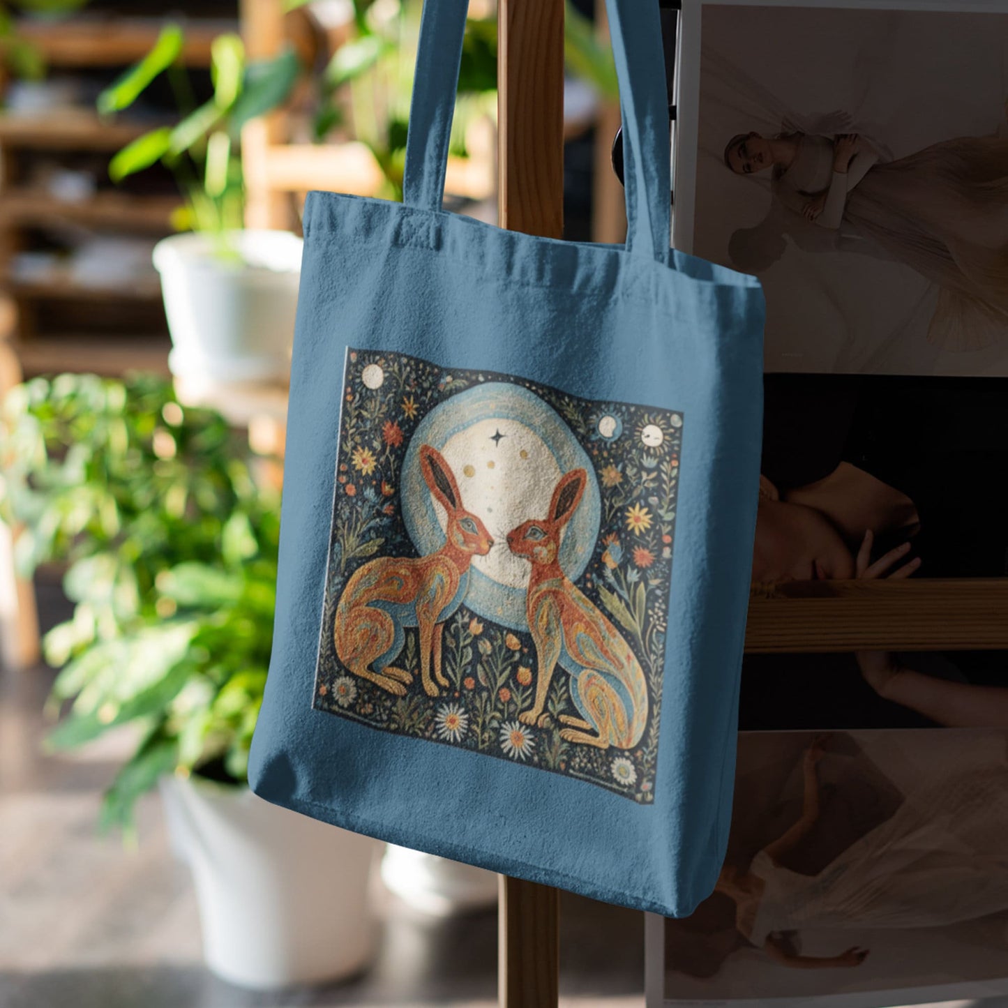 Moongazing Hares Cotton Tote Bag: Spiritual Folk Art