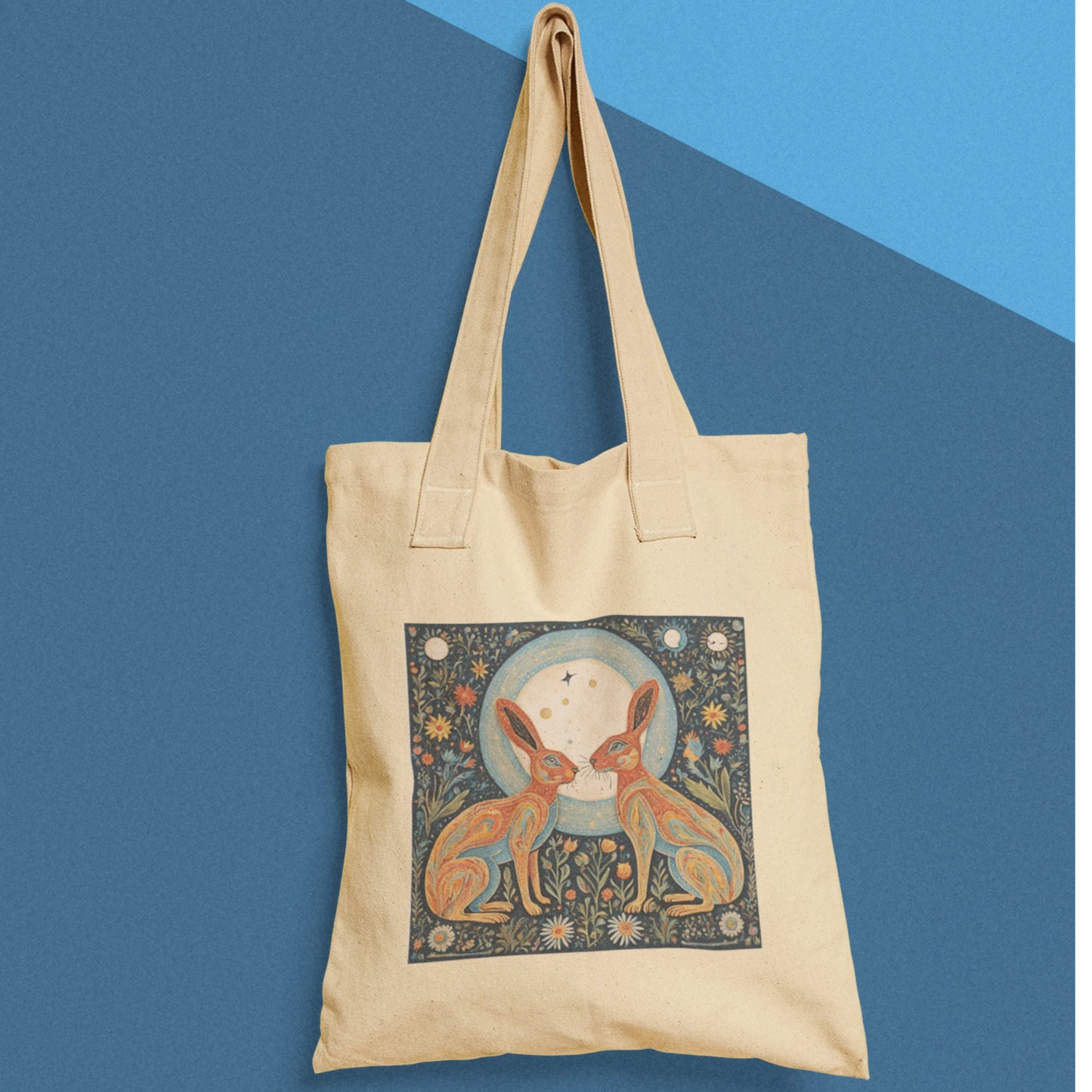 Moongazing Hares Cotton Tote Bag: Spiritual Folk Art