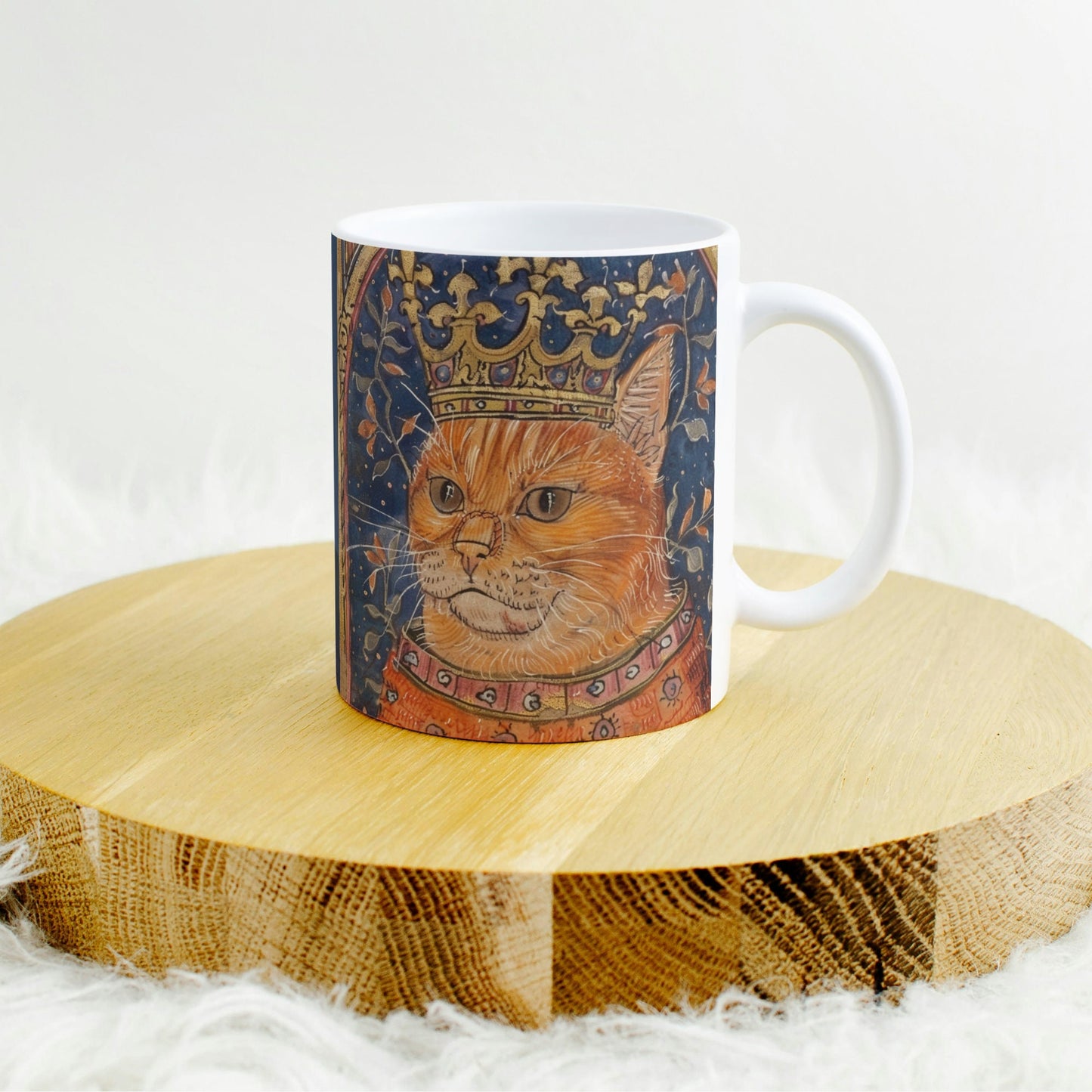 Cat Mug: Medieval Manuscript, Cat with Crown, Borderless Design